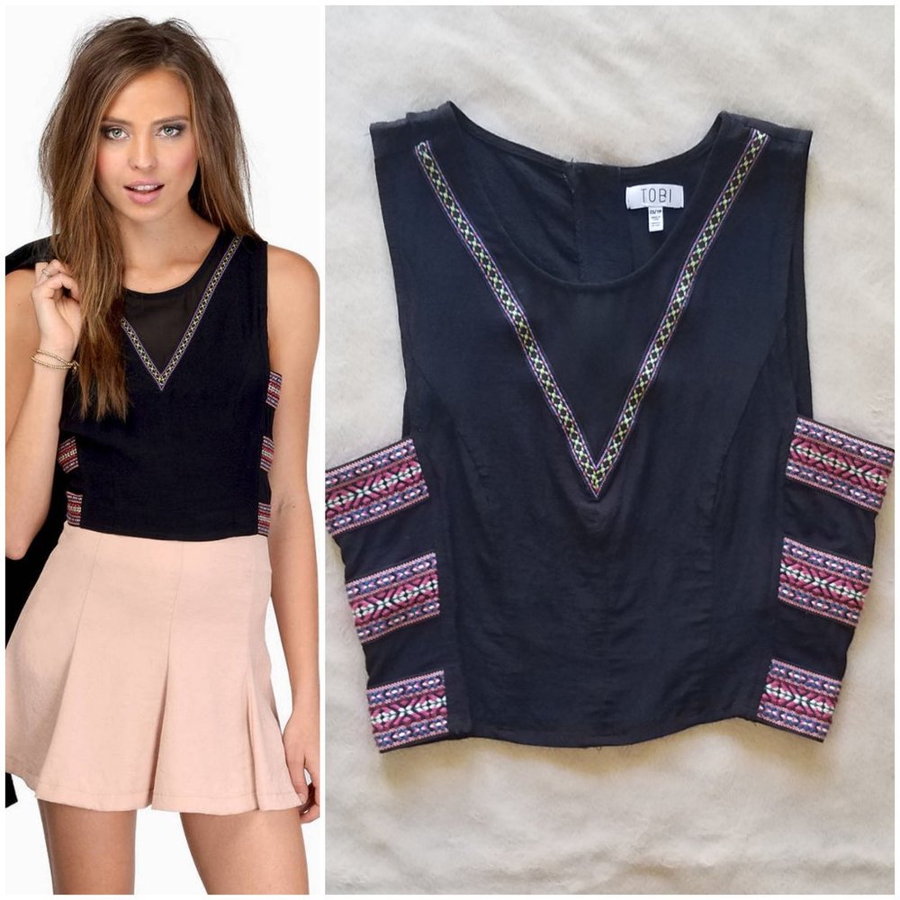 Tobi Black Embroidered Crop Top XS